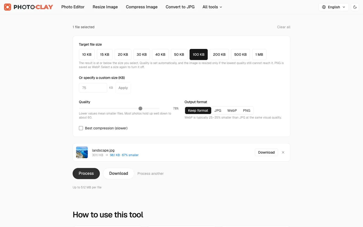 Compress Image tool showing a 100 KB target size selected and the before and after file sizes