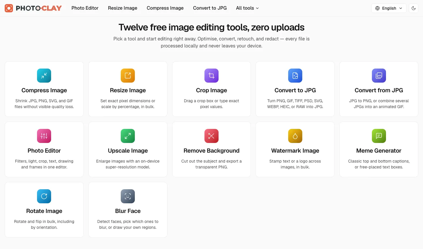 The Photoclay homepage showing the grid of image tools