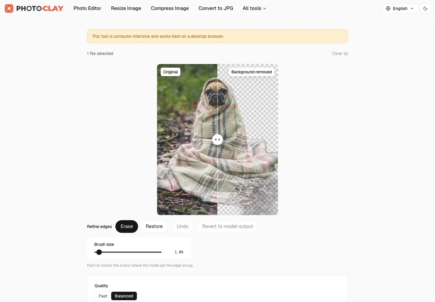 Remove Background tool comparing the original photo of a dog in a blanket with the transparent cutout
