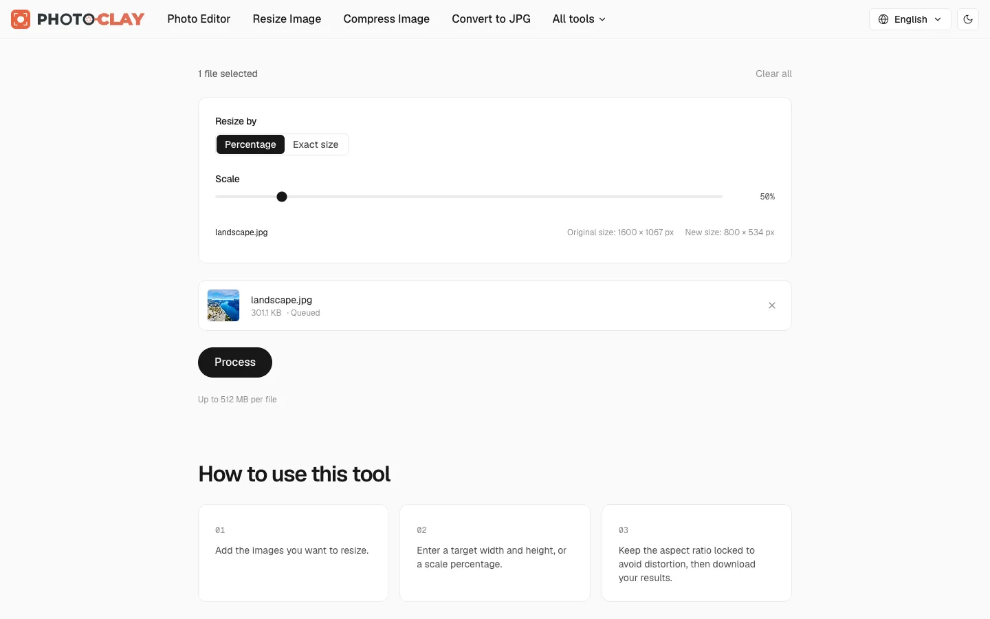 Resize Image tool with options for percentage or exact pixel size and aspect ratio lock